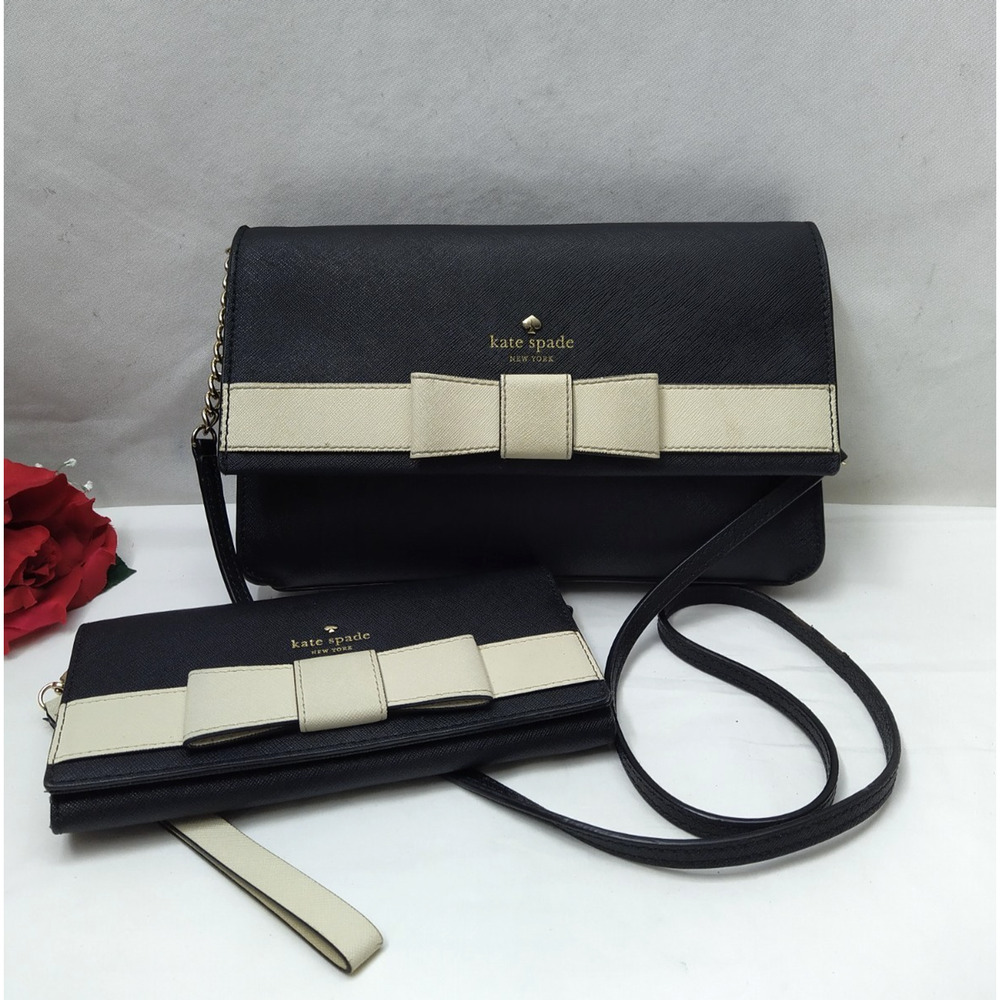 Kate Spade Black Leather Bow Stripe Flap Closure Crossbody Bag With Wallet